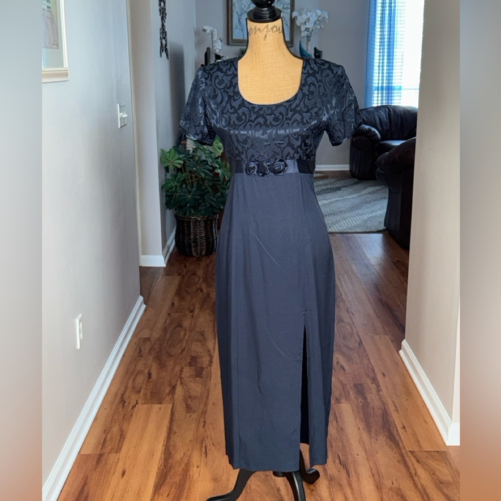 Vintage Be Smart navy blue short sleeve tie waist satin ankle length dress, 7/8